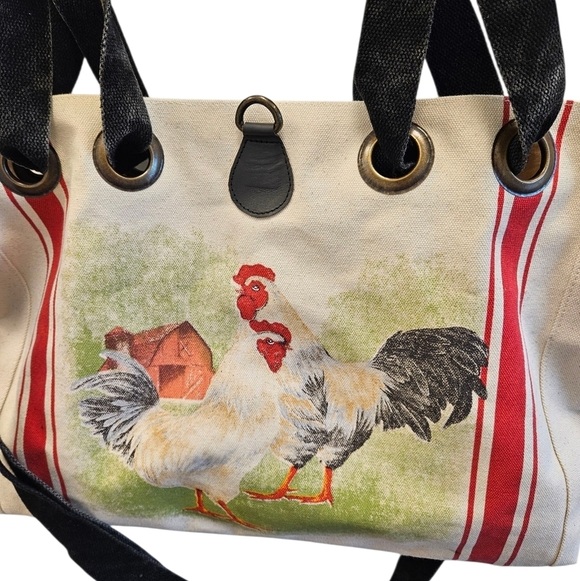 Vintage Addiction Rooster Red French Stripe Canvas Tote Crossbody Bag NEW - Picture 3 of 7